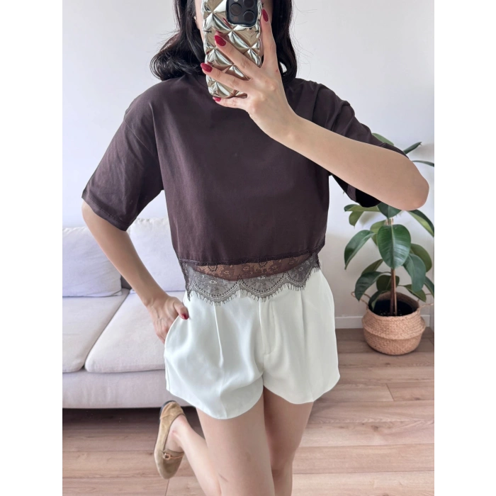 Eteği Dantel Crop T-shirt - KAHVE