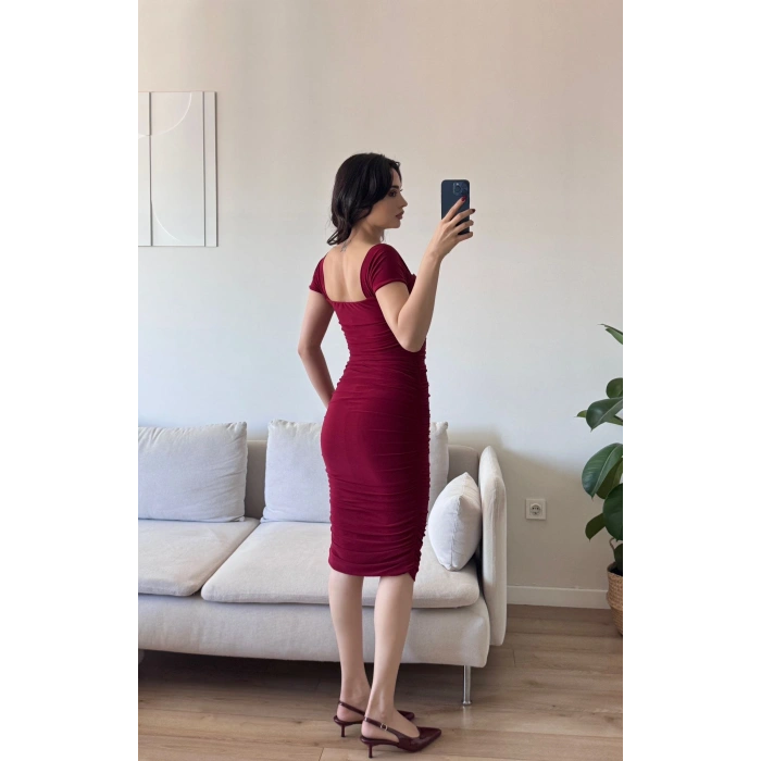 Yan Büzgülü Madona Elbise - BORDO