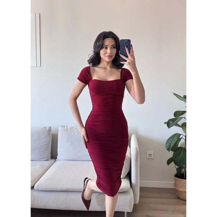 Yan Büzgülü Madona Elbise - BORDO