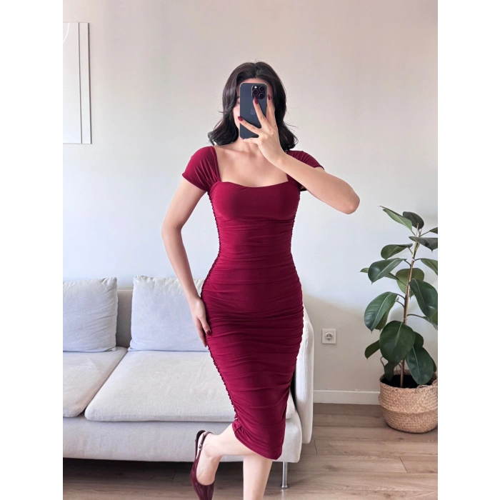 Yan Büzgülü Madona Elbise - BORDO