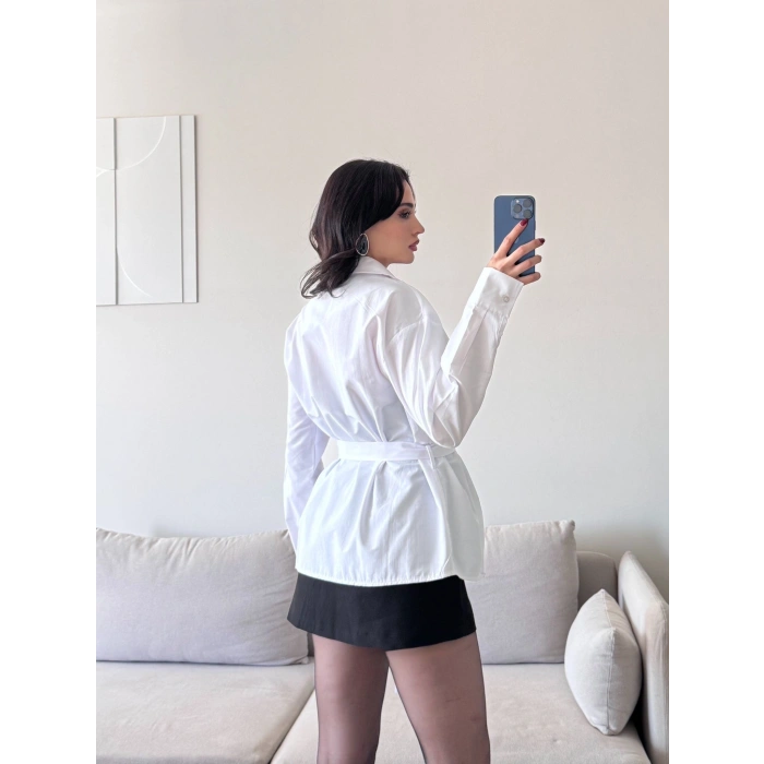 Kruvaze Kuşaklı Gömlek - BEYAZ