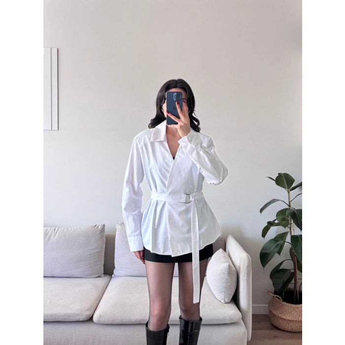 Kruvaze Kuşaklı Gömlek - BEYAZ