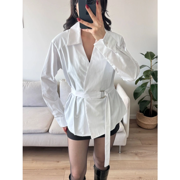 Kruvaze Kuşaklı Gömlek - BEYAZ