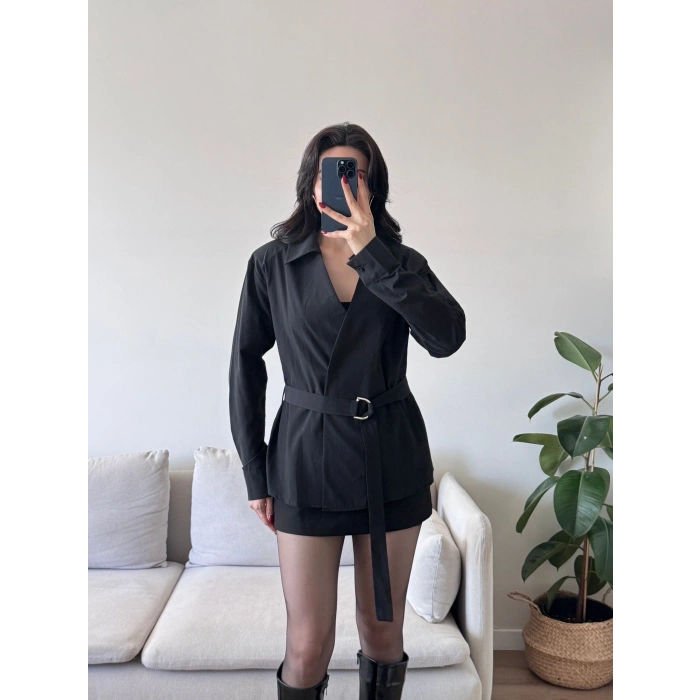 Kruvaze Kuşaklı Gömlek - SİYAH