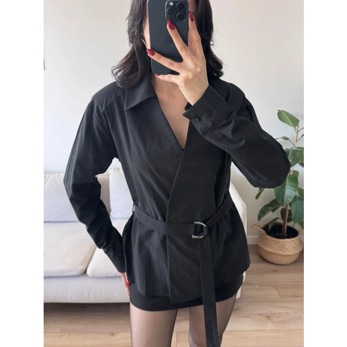 Kruvaze Kuşaklı Gömlek - SİYAH