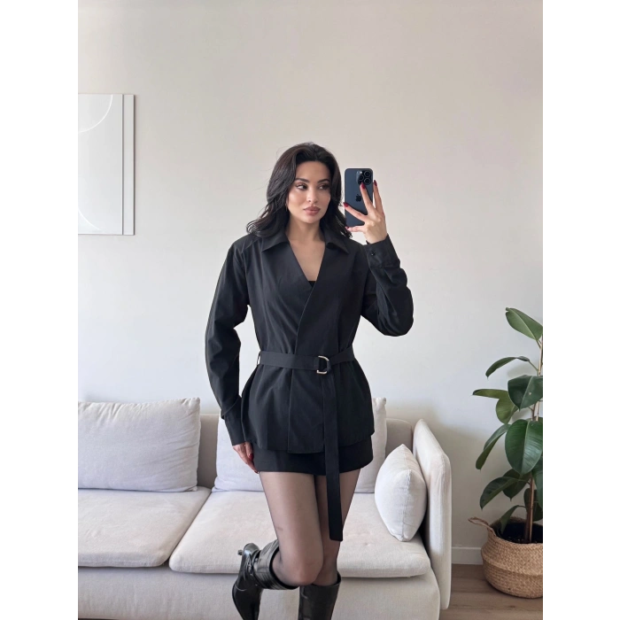 Kruvaze Kuşaklı Gömlek - SİYAH