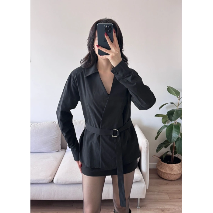 Kruvaze Kuşaklı Gömlek - SİYAH