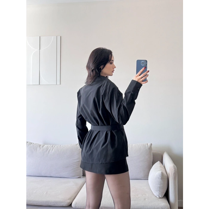 Kruvaze Kuşaklı Gömlek - SİYAH