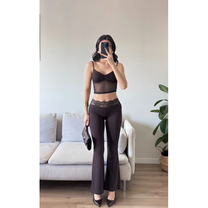 Şifon Detay Taytlı İkili Takım - KAHVE