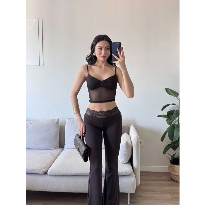 Şifon Detay Taytlı İkili Takım - KAHVE