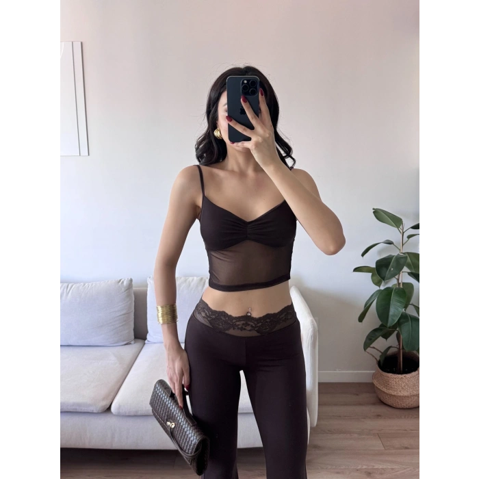 Şifon Detay Taytlı İkili Takım - KAHVE