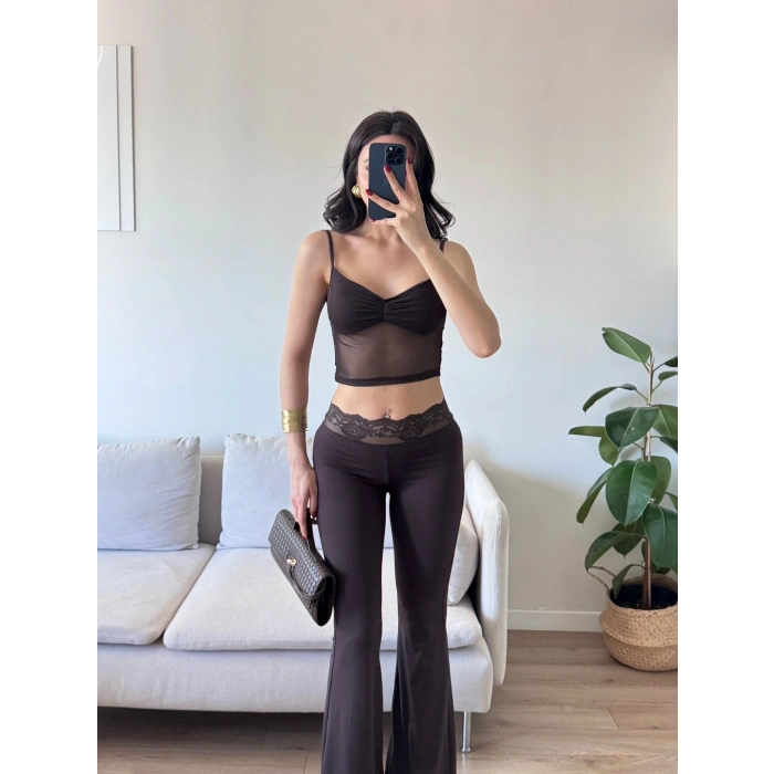 Şifon Detay Taytlı İkili Takım - KAHVE