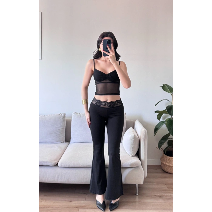 Şifon Detay Taytlı İkili Takım - SİYAH