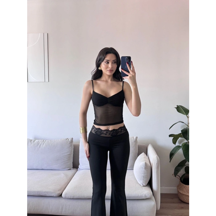 Şifon Detay Taytlı İkili Takım - SİYAH