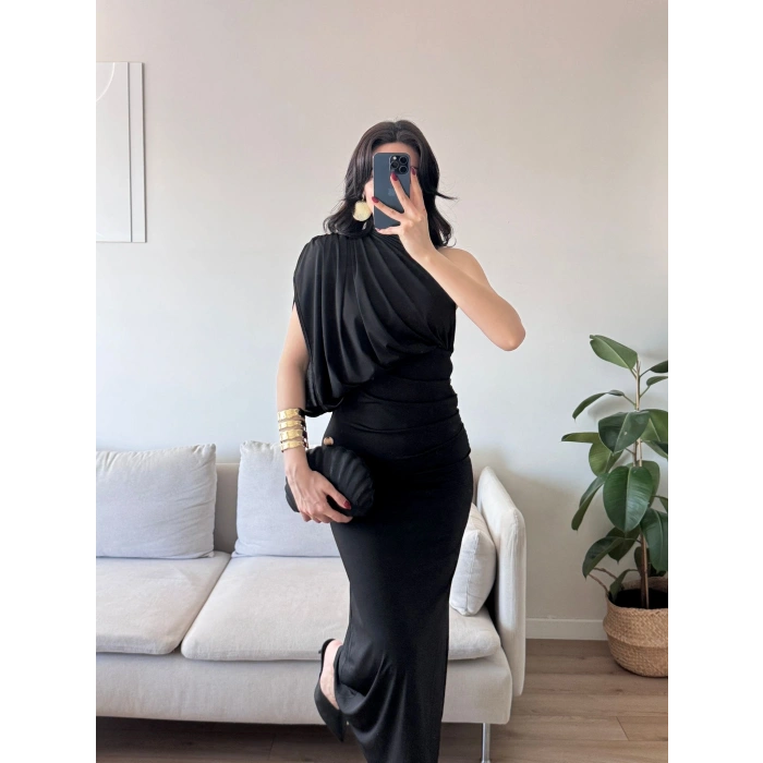 Tek Omuz Drapeli Elbise - SİYAH