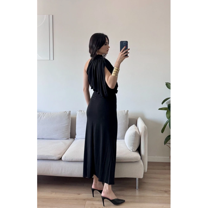 Tek Omuz Drapeli Elbise - SİYAH