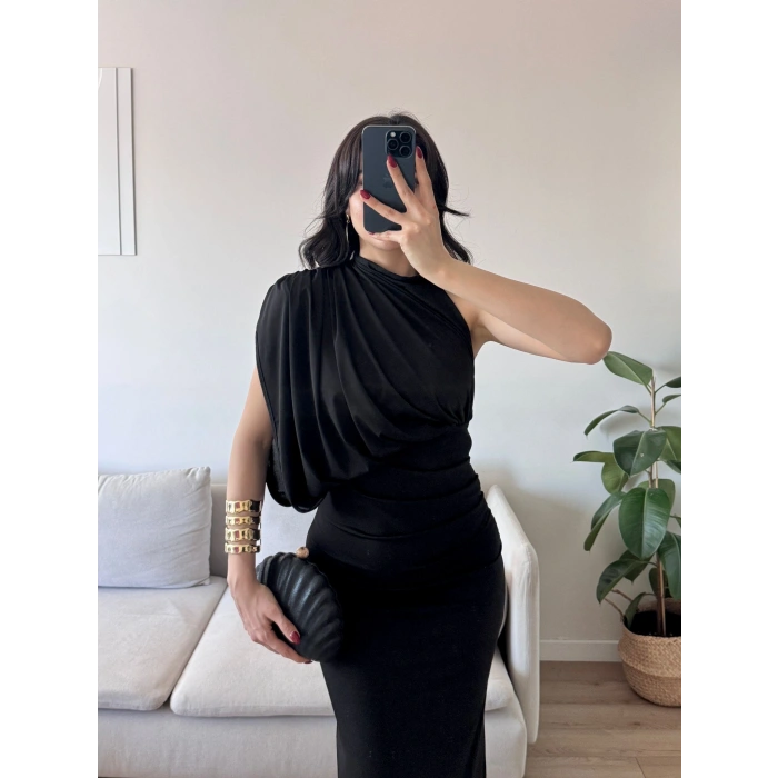 Tek Omuz Drapeli Elbise - SİYAH