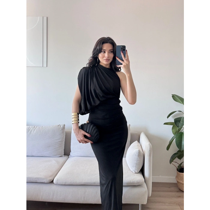 Tek Omuz Drapeli Elbise - SİYAH