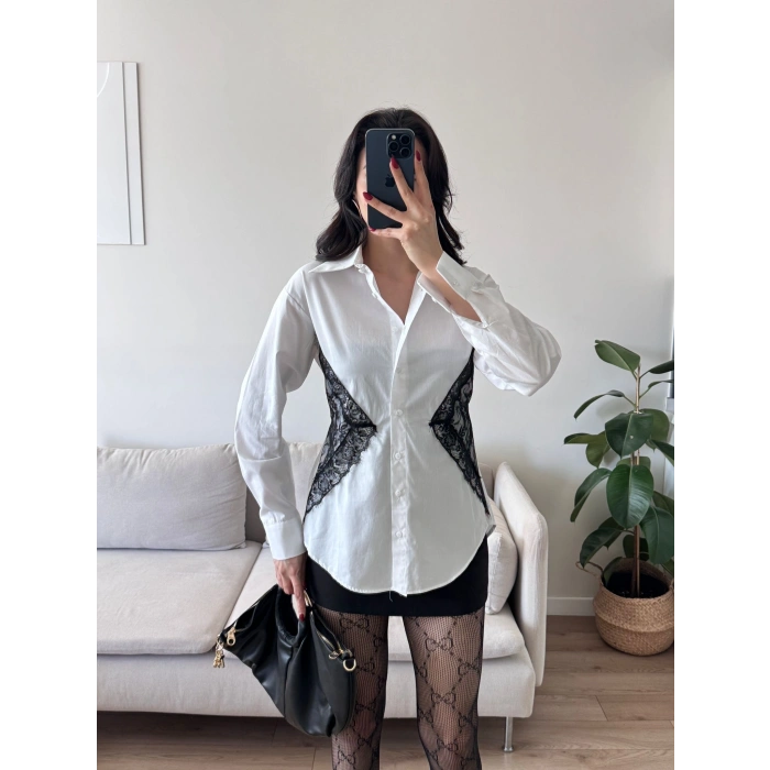 Sırt Bağlamalı Dantel Detay Gömlek - BEYAZ