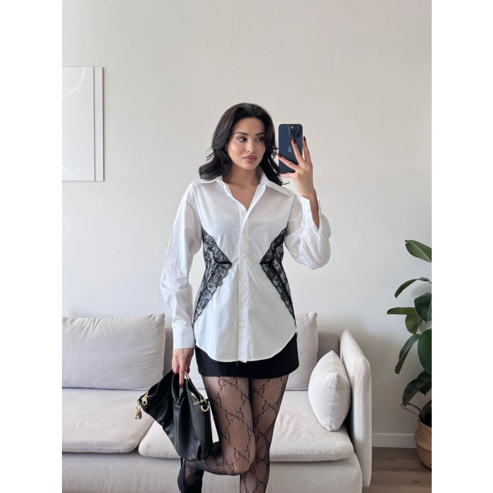 Sırt Bağlamalı Dantel Detay Gömlek - BEYAZ