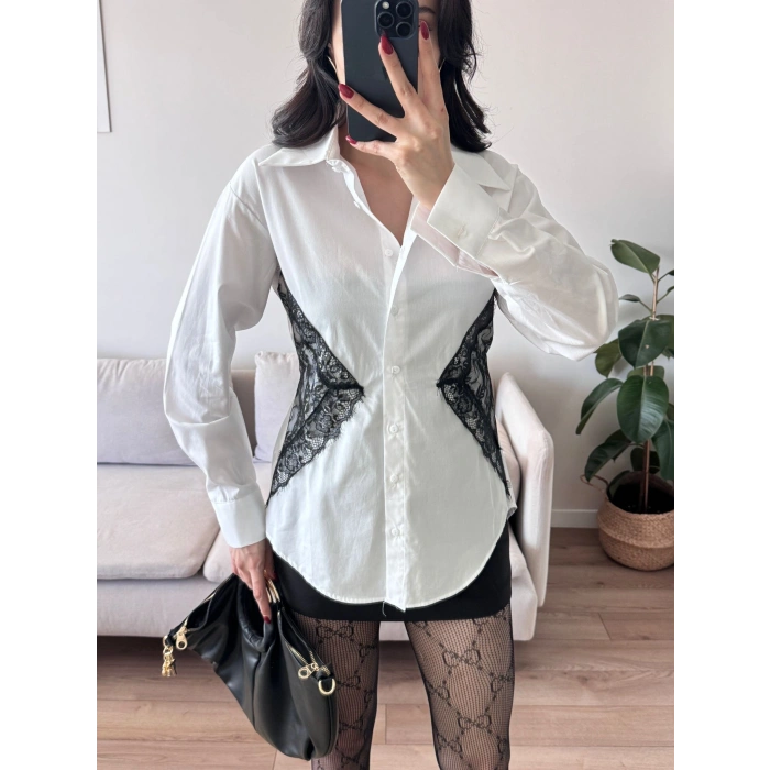 Sırt Bağlamalı Dantel Detay Gömlek - BEYAZ