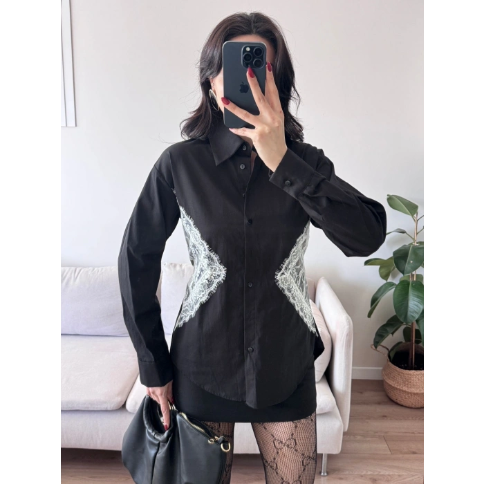 Sırt Bağlamalı Dantel Detay Gömlek - SİYAH