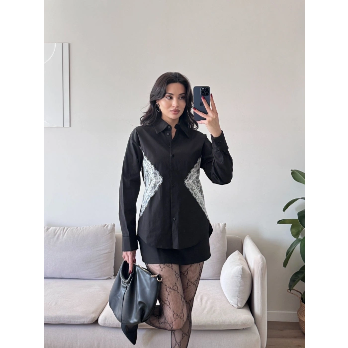 Sırt Bağlamalı Dantel Detay Gömlek - SİYAH