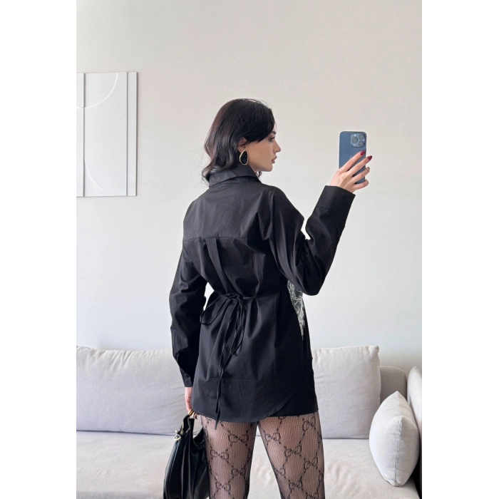 Sırt Bağlamalı Dantel Detay Gömlek - SİYAH