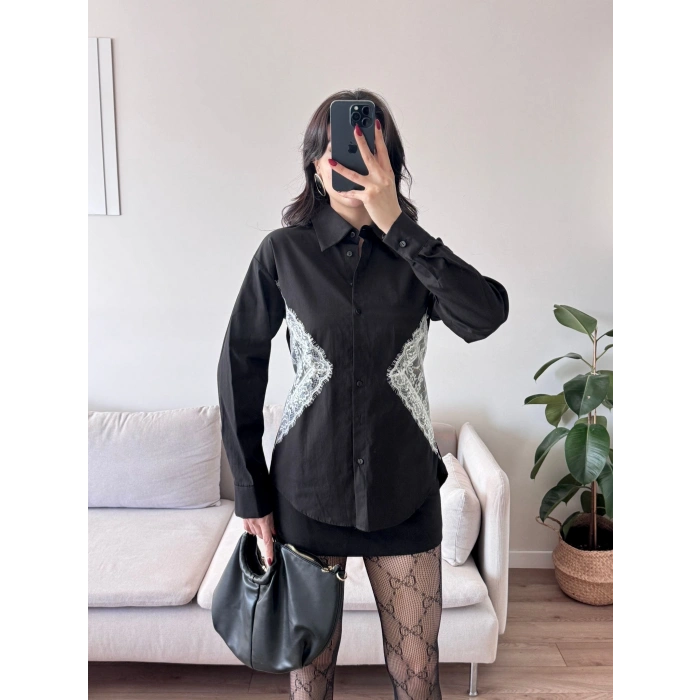 Sırt Bağlamalı Dantel Detay Gömlek - SİYAH