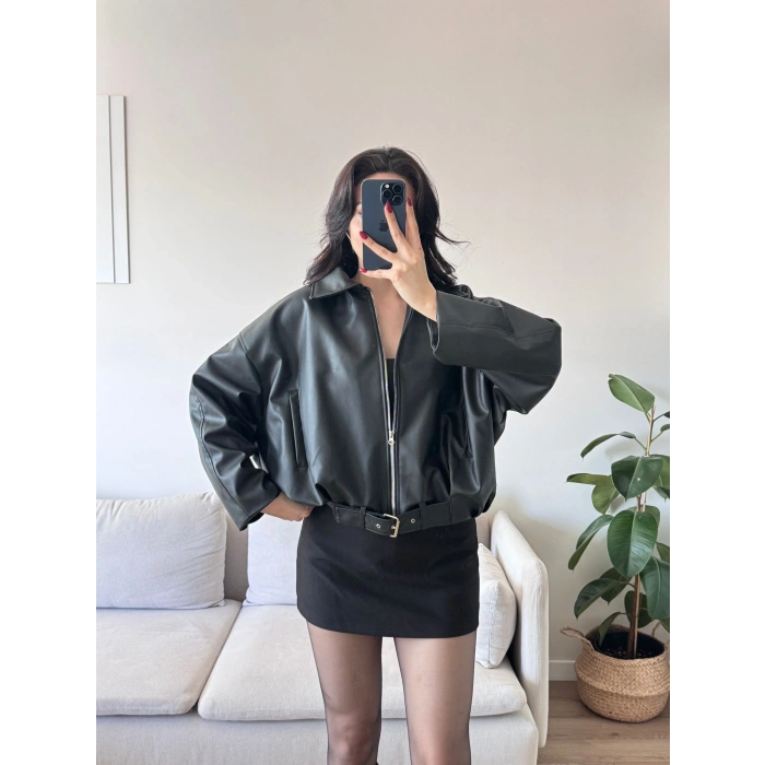 Oversize Kemerli Deri Ceket - SİYAH