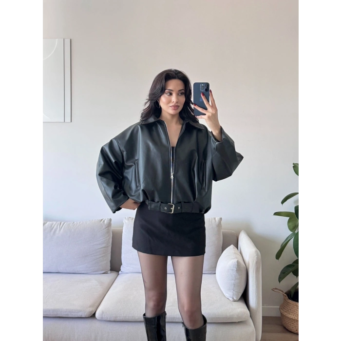 Oversize Kemerli Deri Ceket - SİYAH