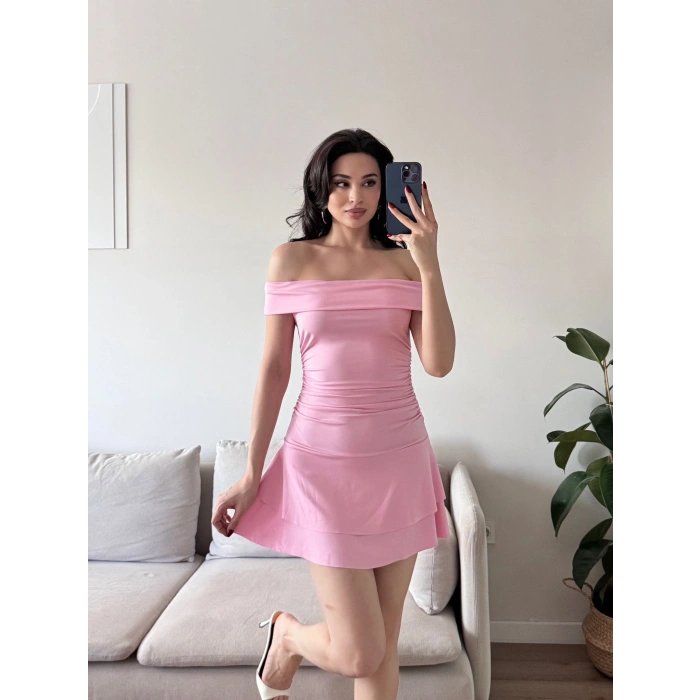 Madonna Yaka Fırfırlı Elbise - PEMBE