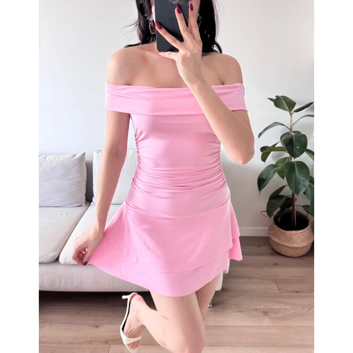 Madonna Yaka Fırfırlı Elbise - PEMBE