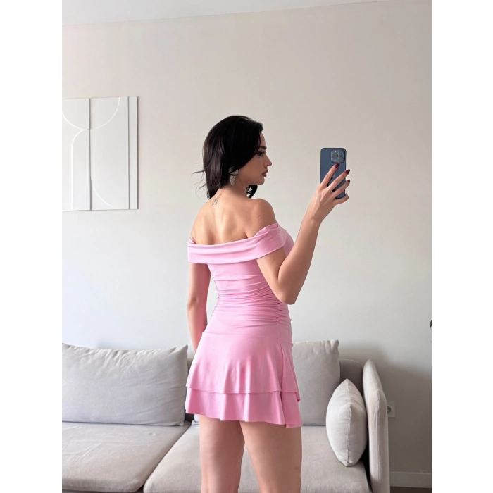 Madonna Yaka Fırfırlı Elbise - PEMBE