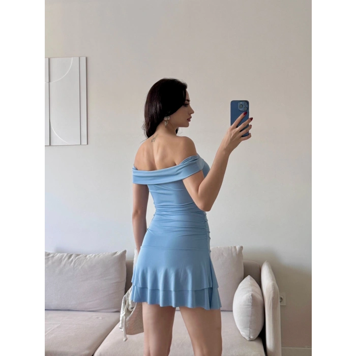 Madonna Yaka Fırfırlı Elbise - MAVİ