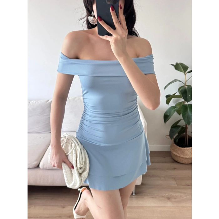 Madonna Yaka Fırfırlı Elbise - MAVİ