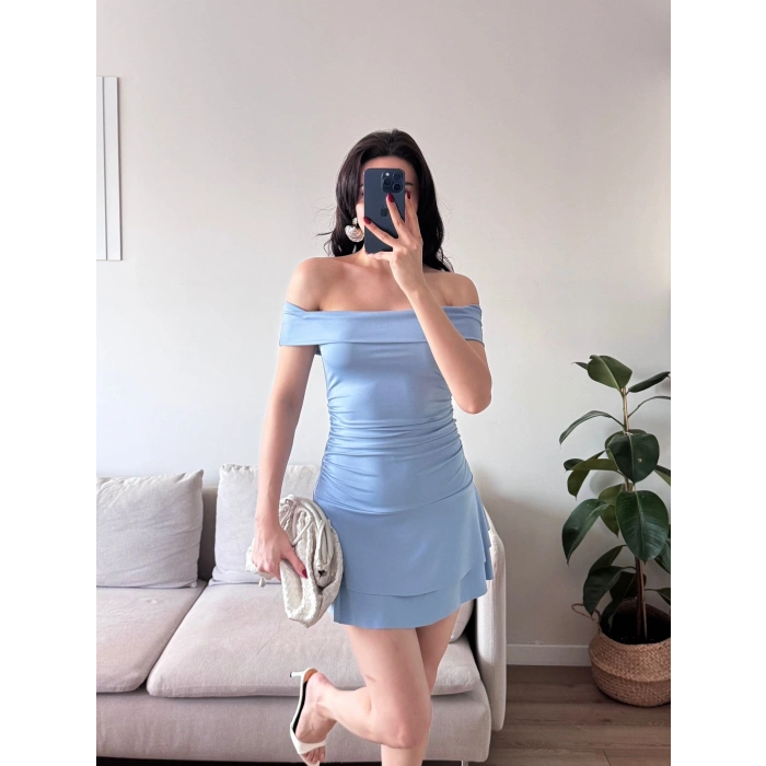 Madonna Yaka Fırfırlı Elbise - MAVİ