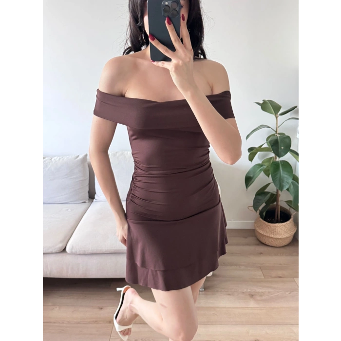 Madonna Yaka Fırfırlı Elbise - KAHVE