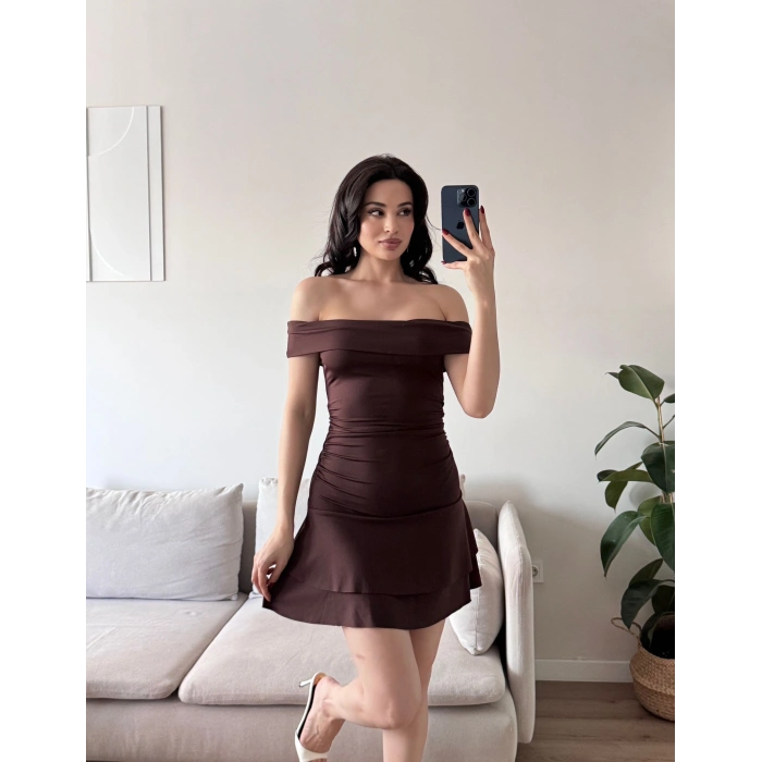 Madonna Yaka Fırfırlı Elbise - KAHVE