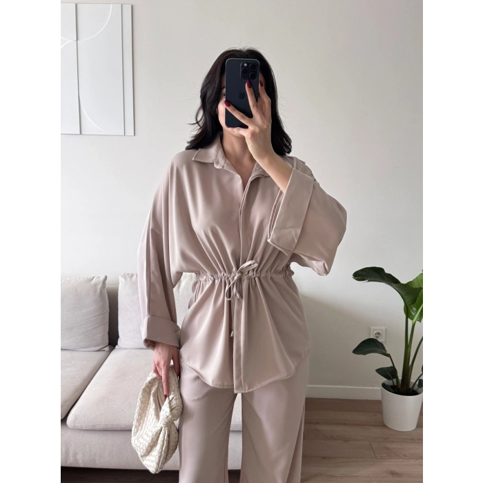 Luna Beli Büzgülü Rahat Kesim İkili Takım - BEJ