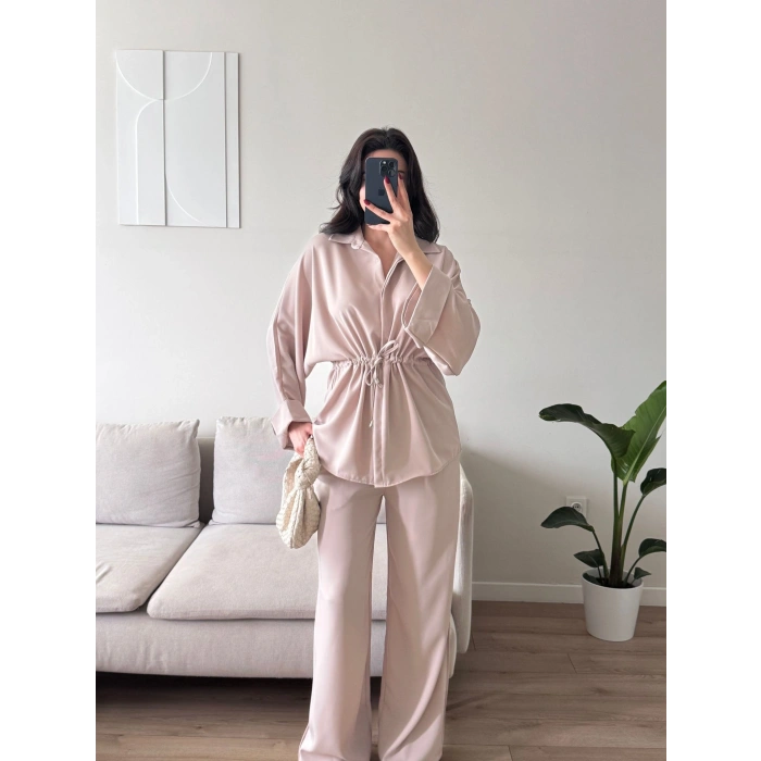 Luna Beli Büzgülü Rahat Kesim İkili Takım - BEJ