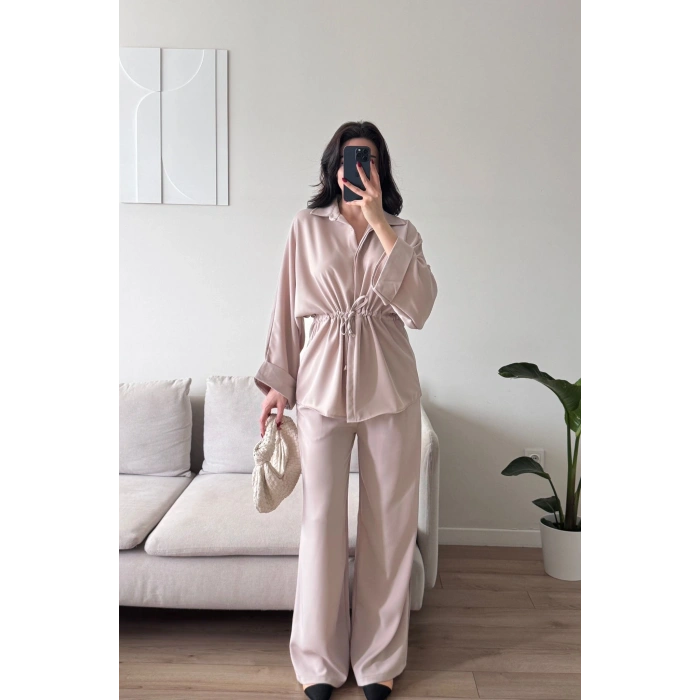 Luna Beli Büzgülü Rahat Kesim İkili Takım - BEJ