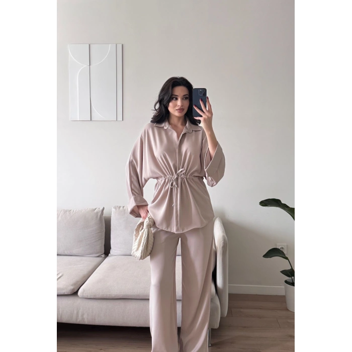 Luna Beli Büzgülü Rahat Kesim İkili Takım - BEJ