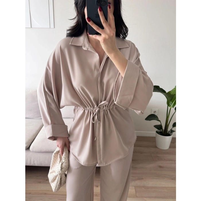 Luna Beli Büzgülü Rahat Kesim İkili Takım - BEJ