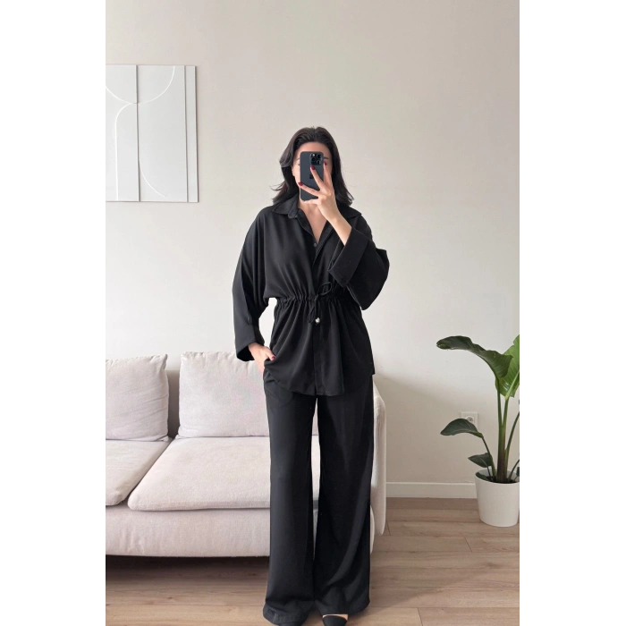 Luna Beli Büzgülü Rahat Kesim İkili Takım - SİYAH