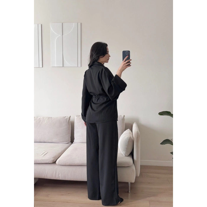 Luna Beli Büzgülü Rahat Kesim İkili Takım - SİYAH