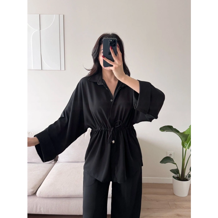 Luna Beli Büzgülü Rahat Kesim İkili Takım - SİYAH