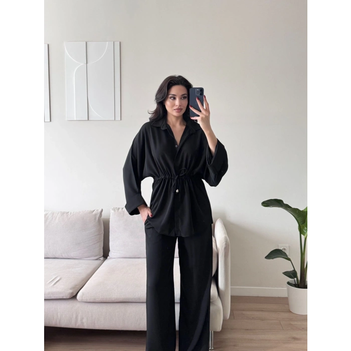 Luna Beli Büzgülü Rahat Kesim İkili Takım - SİYAH