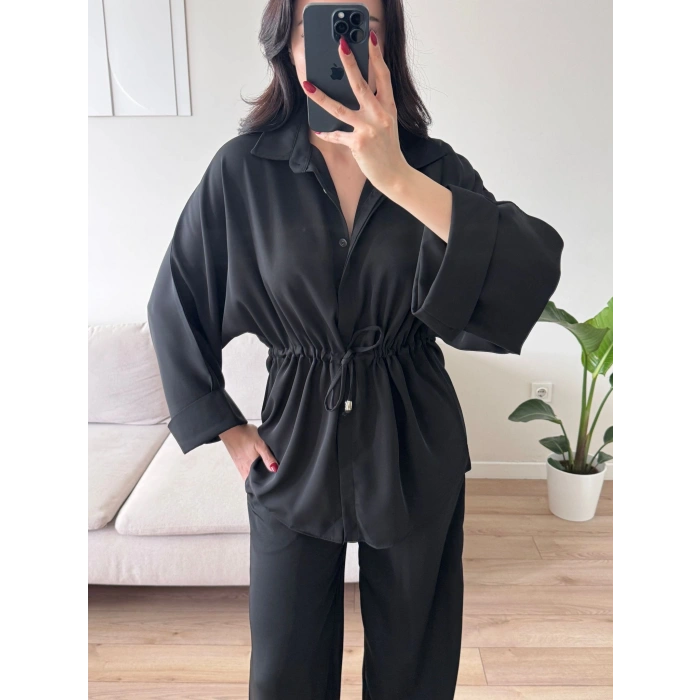 Luna Beli Büzgülü Rahat Kesim İkili Takım - SİYAH