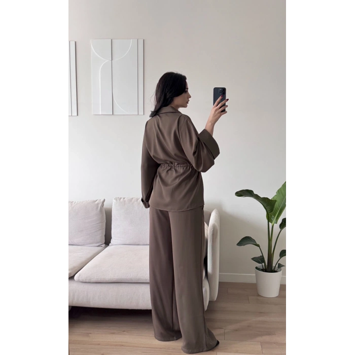 Luna Beli Büzgülü Rahat Kesim İkili Takım - KAHVE